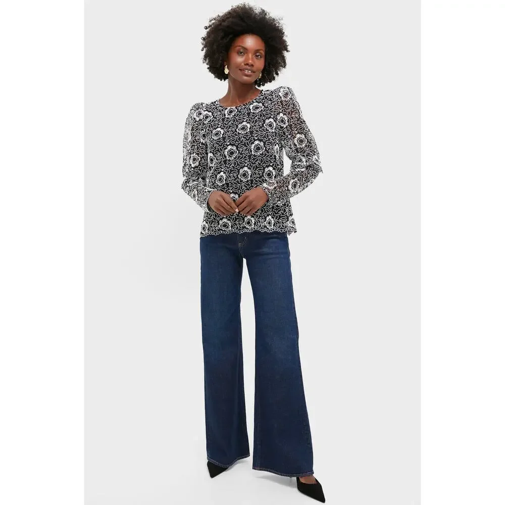 Tuckernuck Black Lace Floral Long-Sleeve Blouse with White Embroidery